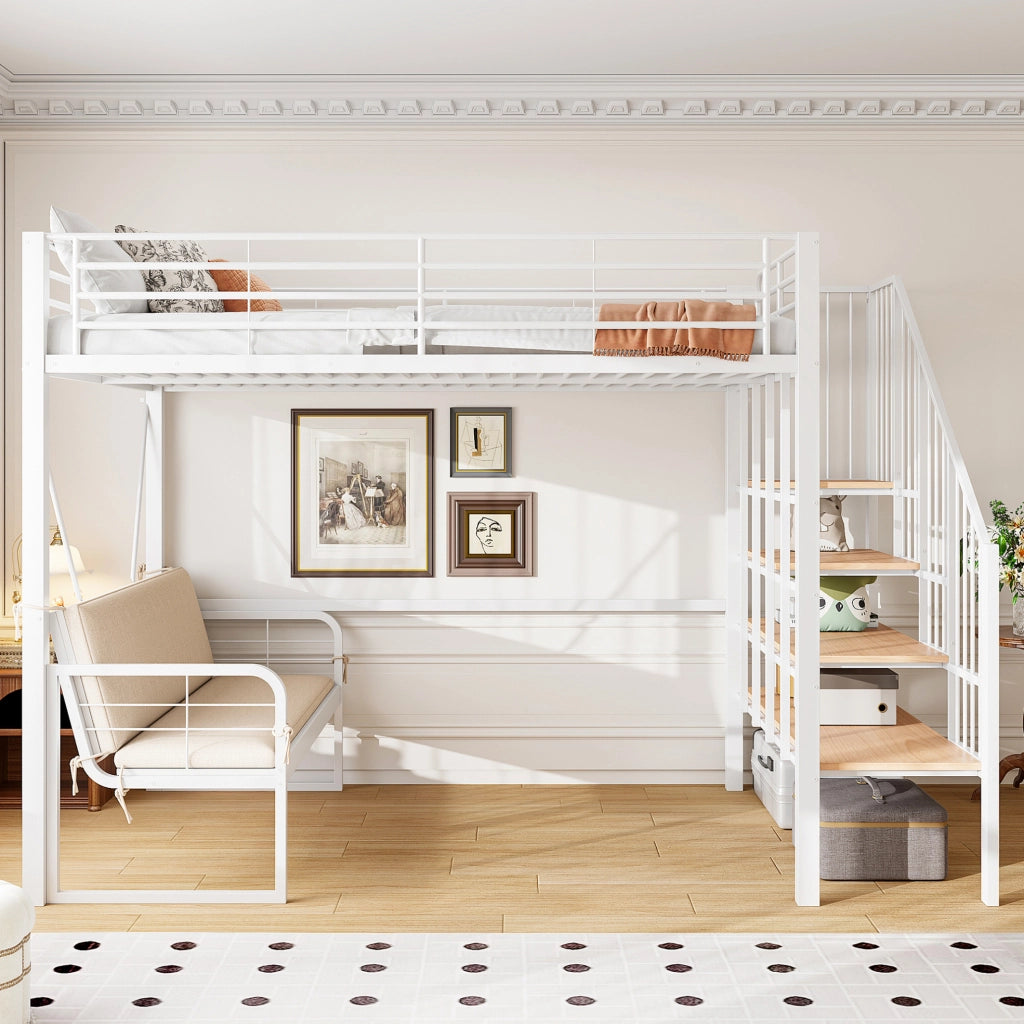 Letto a castello 140x200 cm con scala contenitore e divano sfoderabile