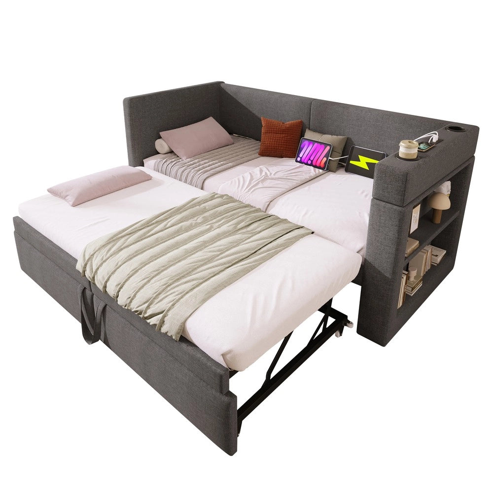 Letto Singolo Imbottito con Divano Estraibile ¨C MINIMAL ¨C Tessuto Grigio 90x200