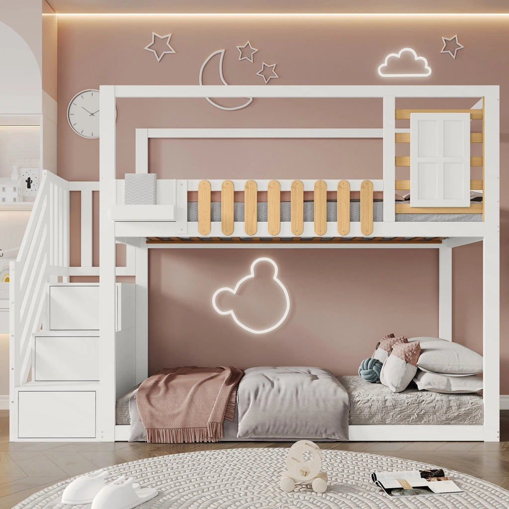 Letto a castello con scala funzione contenitiva in legno massello di pino e MDF 90x200 cm