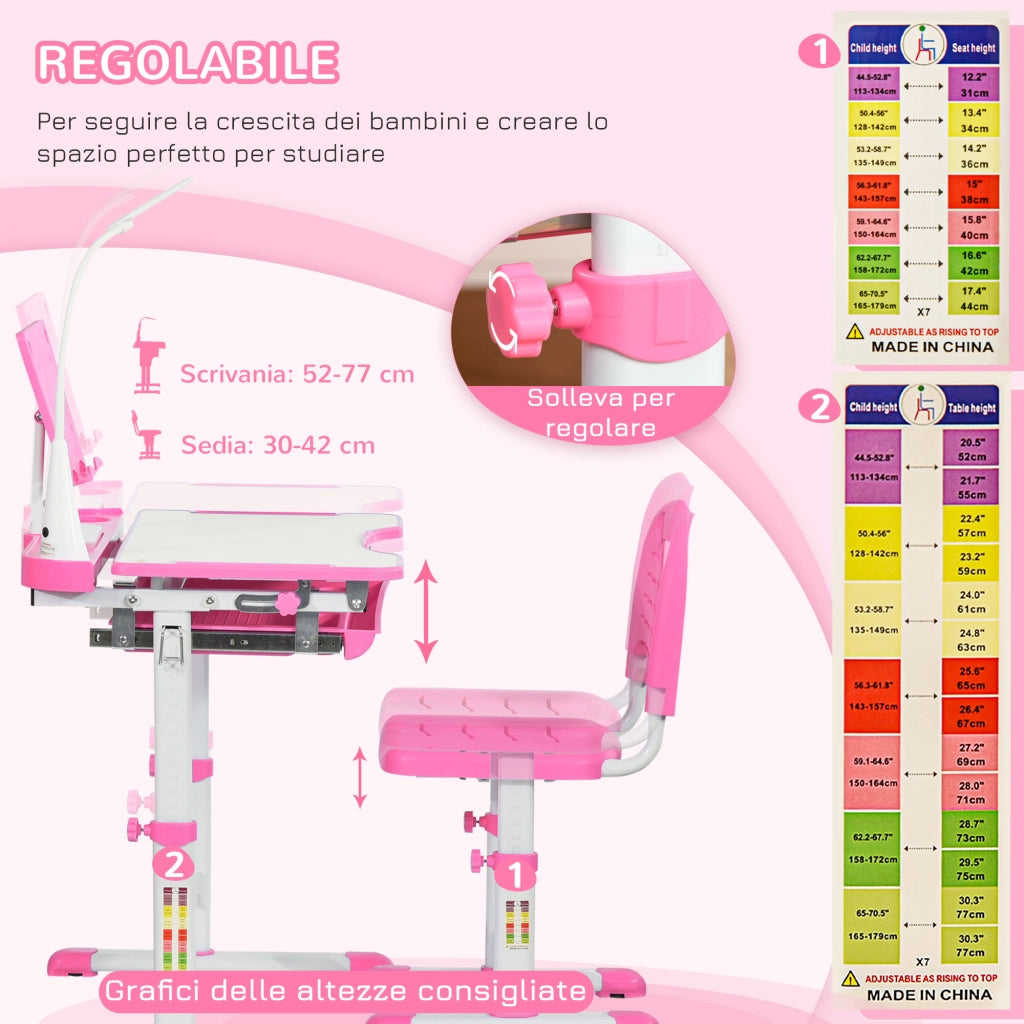 Banco Scuola Regolabile con Sedia per Bambini 6-12 Anni, 70x49.5x80-105 cm, Rosa
