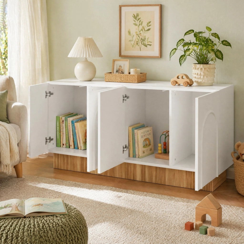 Sideboard moderno a 4 ante con struttura a rilievo U; 160x75x38 cm; bianco e legno