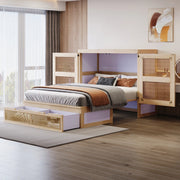 Letto a scomparsa 140x200 cm in legno con ante effetto rattan e cassetti