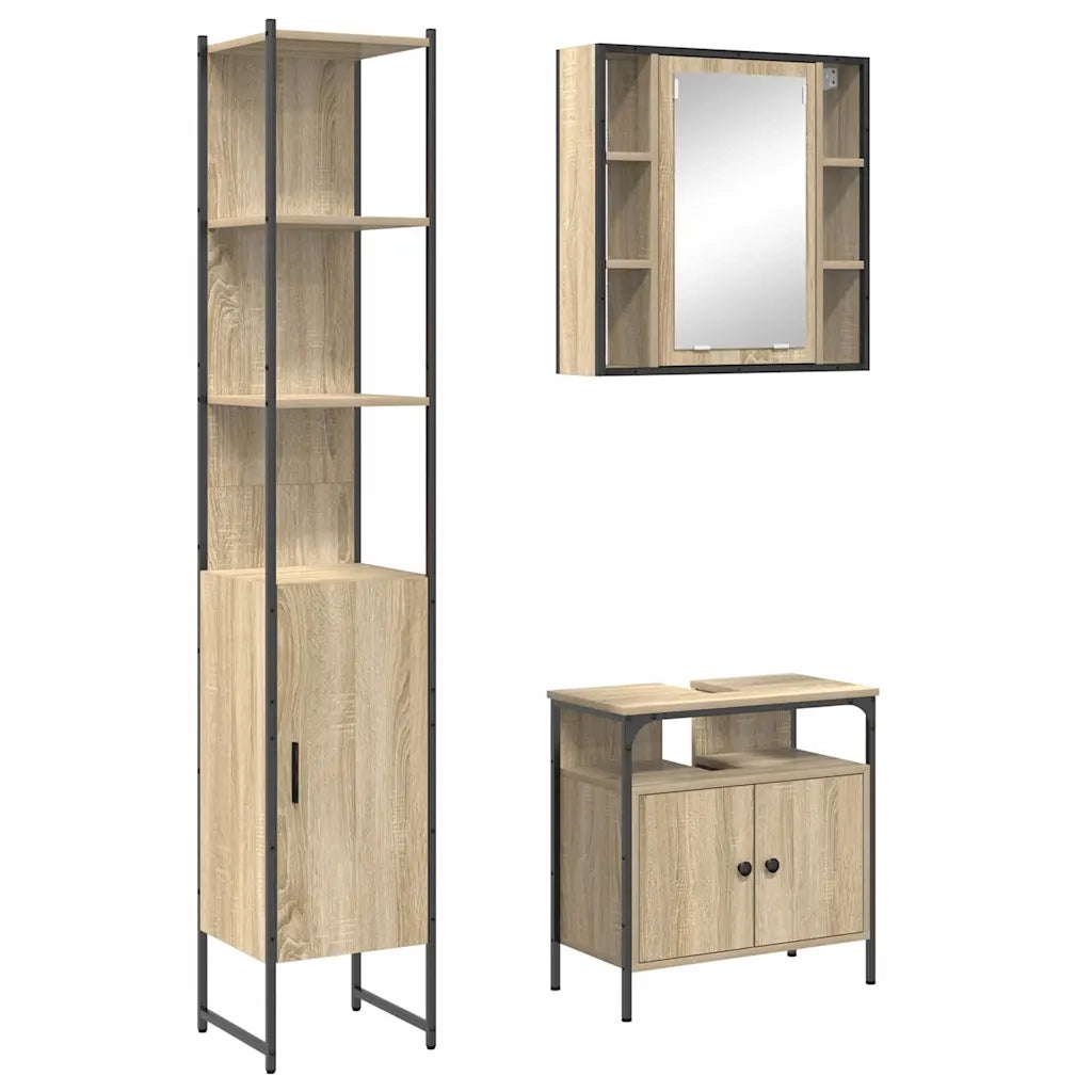 Set di mobili per il Bagno | Armadio da bagno con lo scaffale 3 pz Rovere Sonoma