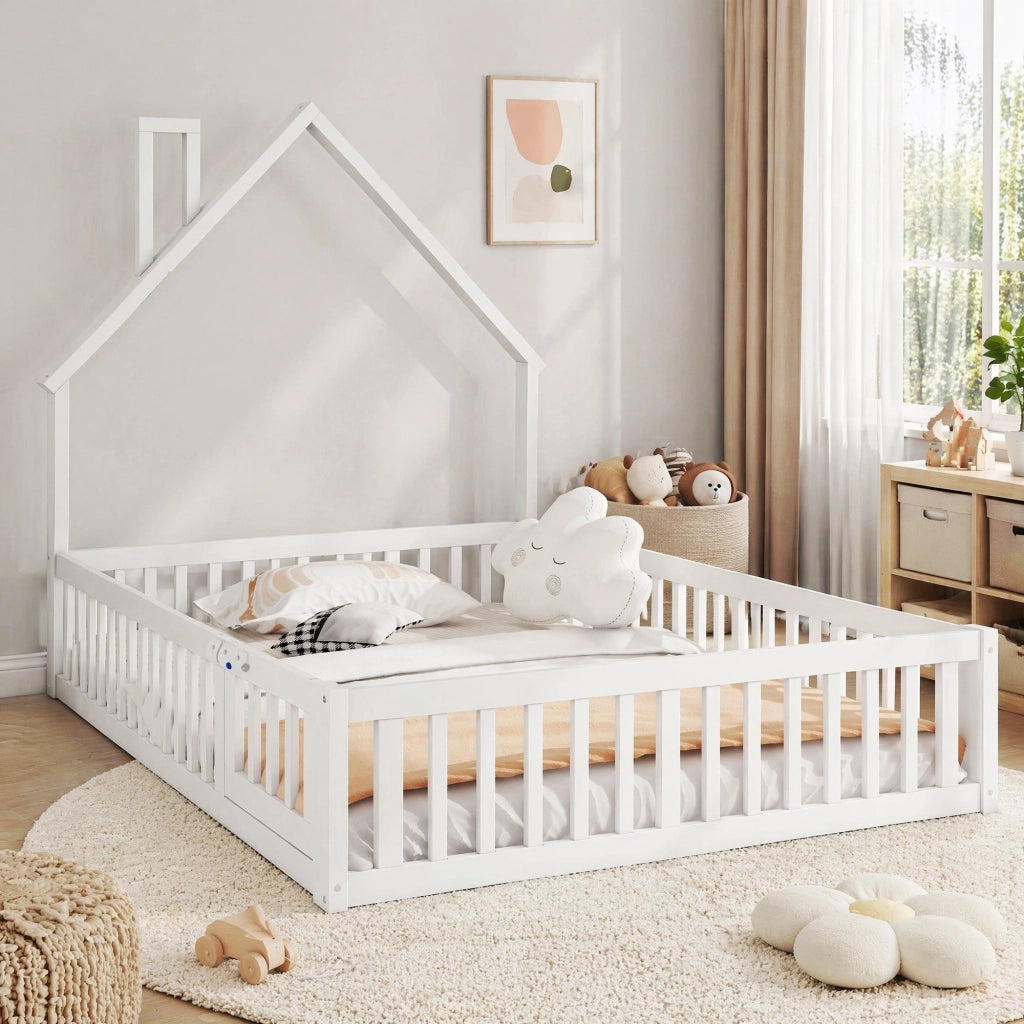 DESMIU Letto per Bambini 140 × 190 cm 2 Posti con Sponde di Sicurezza, Senza Materasso, in Pino e MDF, Bianco