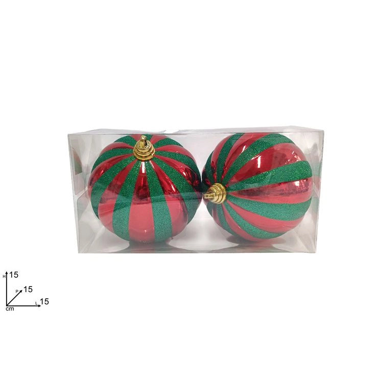 PALLE TONDE 15CM 2PZ ROSSO GLITTER VERDE IN BOX PVC DI DUEESSE CHRISTMAS