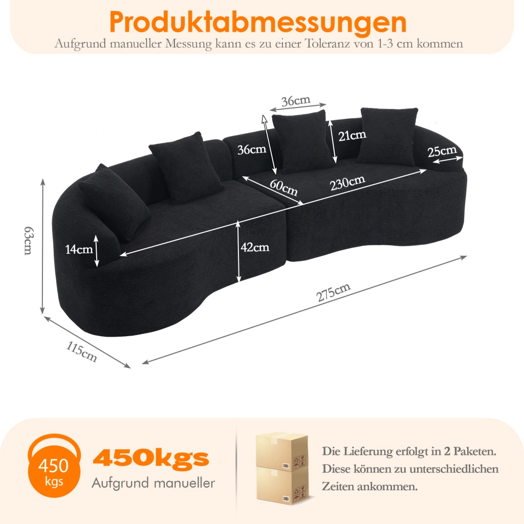 Divano angolare modulare 4 posti con design curvo per soggiorno in chenille nero stile moderno 275×115×63 cm