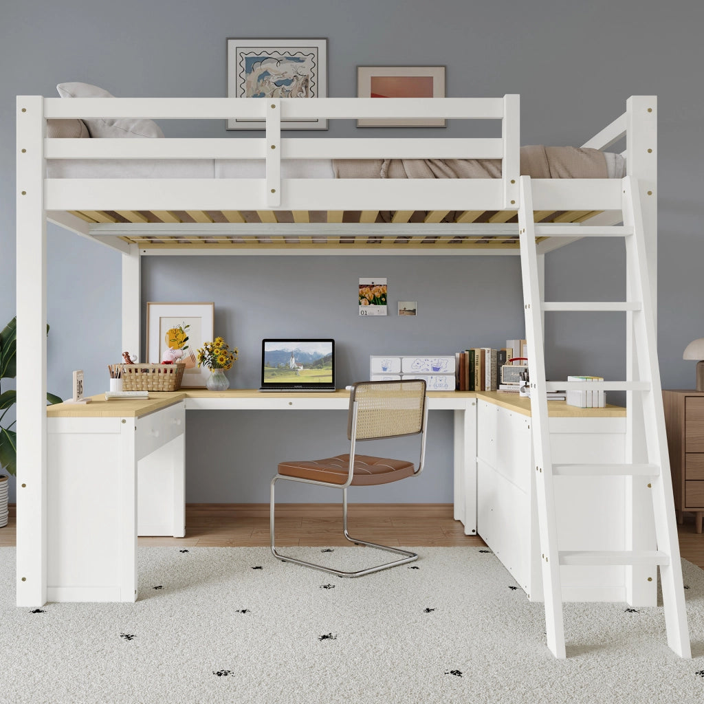 DESMIU Letto a soppalco per bambini 140 × 200 cm 1 posto con scrivania a U, 2 cassetti, ripiano, senza materasso, bianco e naturale