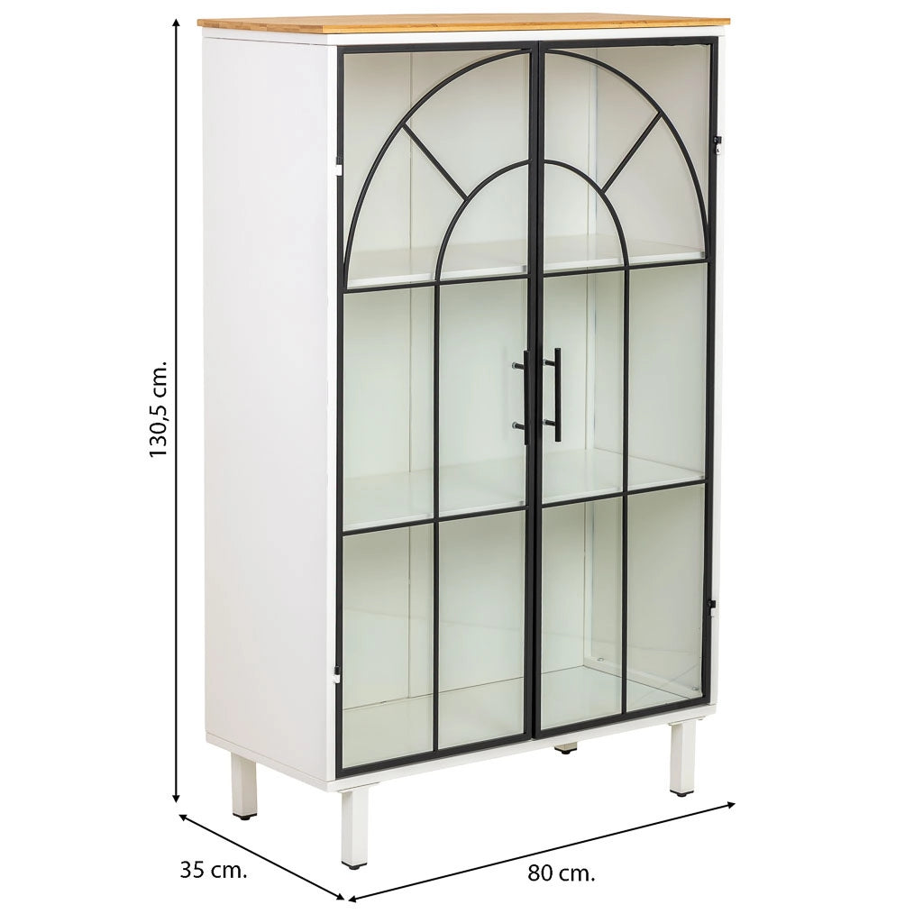Vetrina in metallo, legno e vetro, 2 ante, bianco, 80x35x130,5h cm