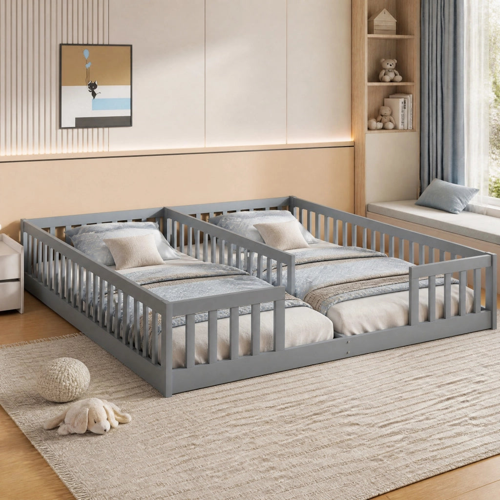 Letto per bambini 90 x 200 cm con sponda di sicurezza, in pino e MDF, grigio
