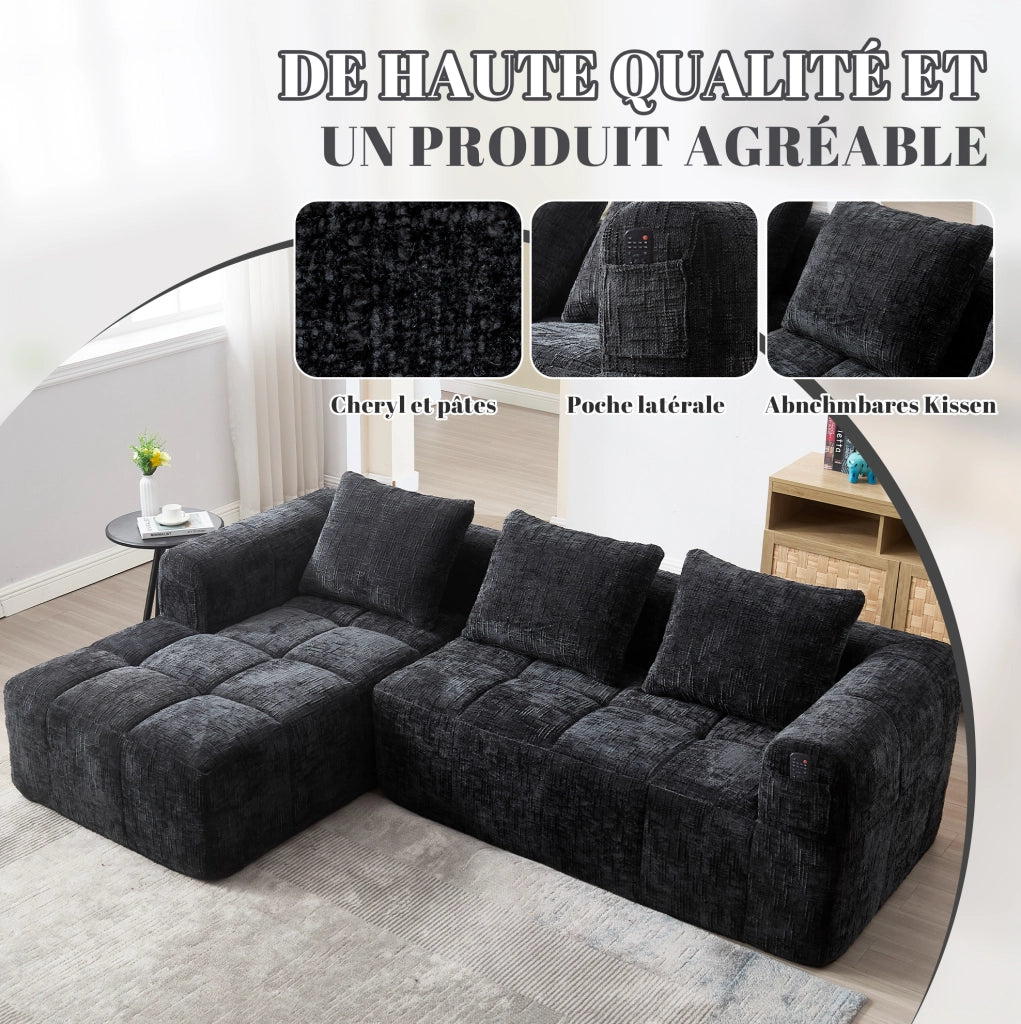 Divano angolare 3 posti con chaise longue in chenille nera; 250x158x60 cm con 3 cuscini