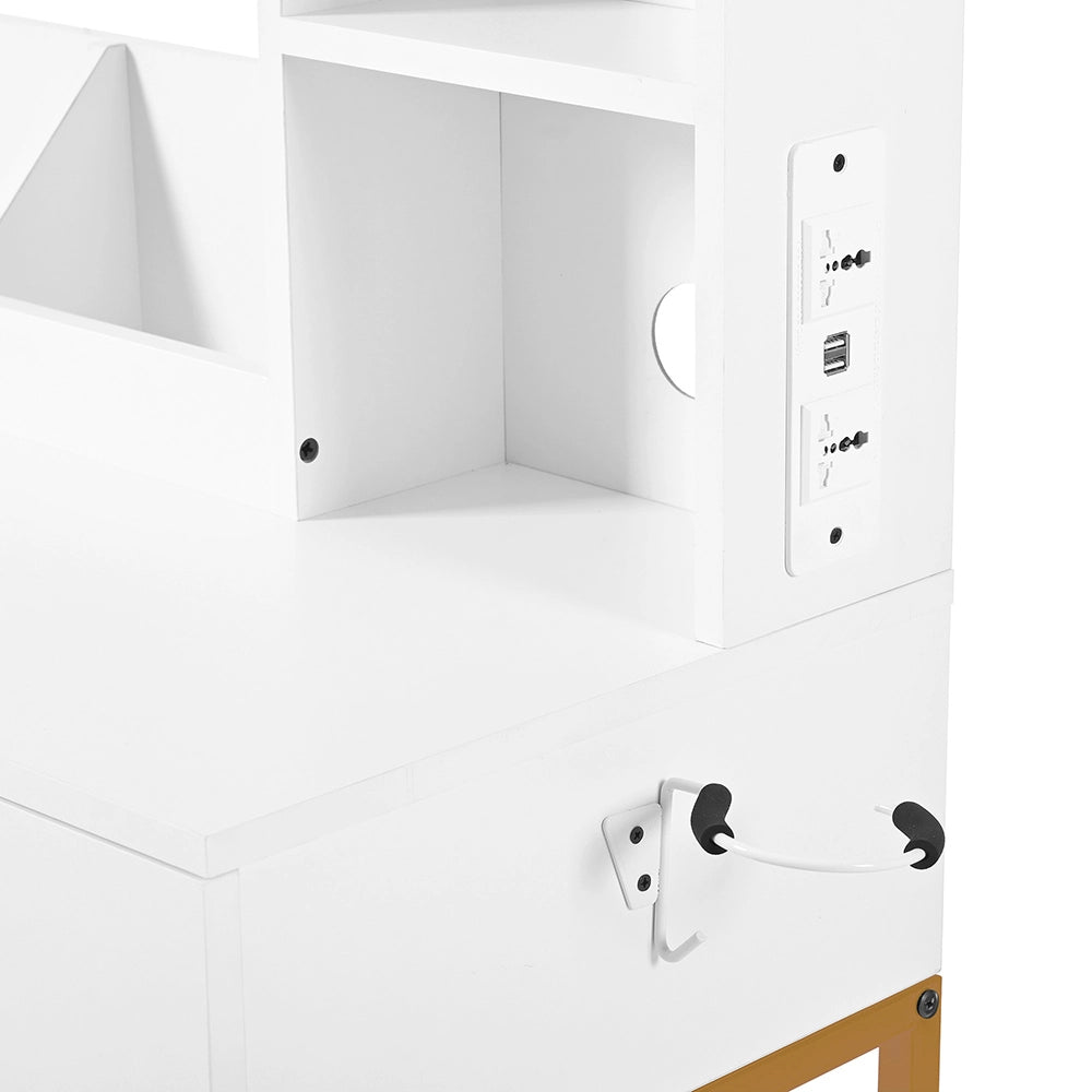 Toilette moderna con illuminazione LED - Xylo - 80x138.5x40 cm - Bianco - Specchio girevole, prese elettriche, 2 cassetti + 2 scaffali aperti