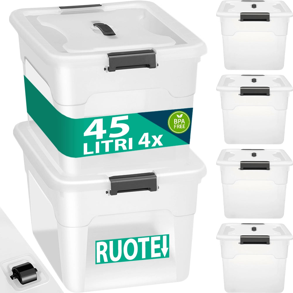 Set Scatole 4 x 45 L Portaoggetti in Plastica Cassetto Contenitore Salvaspazio
