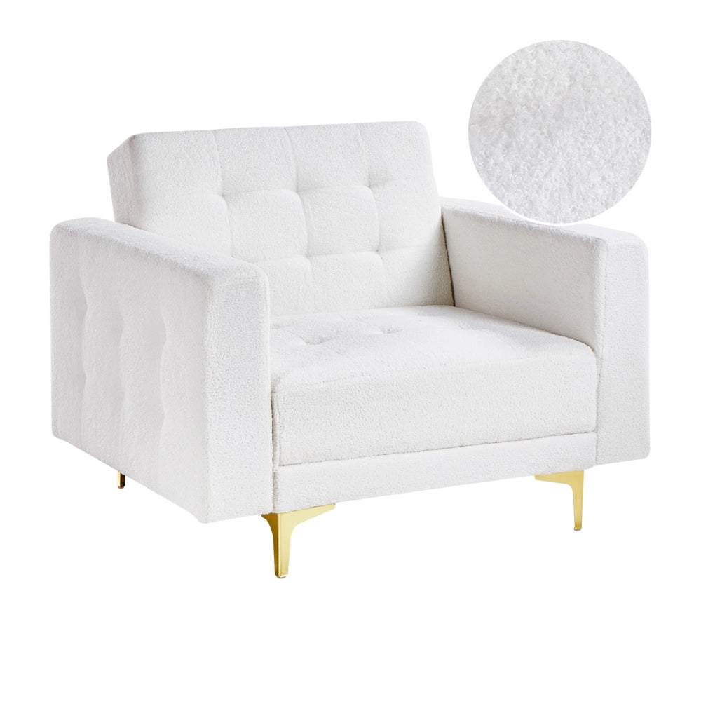 Poltrona Bianca Tessuto Boucle trapuntato Sedia moderna da salotto reclinabile Gambe d'oro Braccio a binario