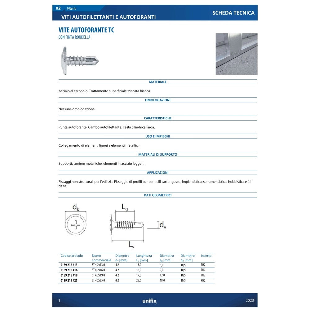 Vite autoforante 4,2x16mm - 500pz testa cilindrica per fissaggio profili cartongesso