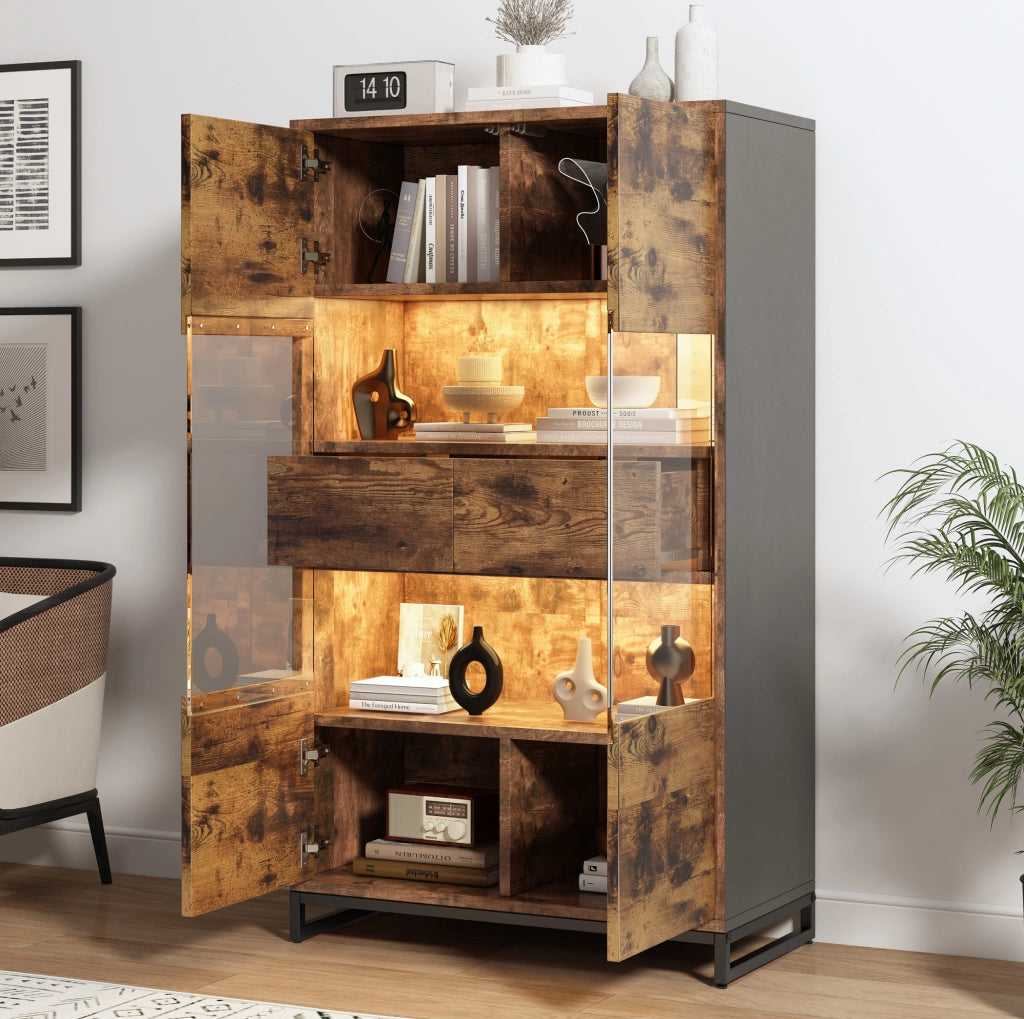 Vetrina 80x40x138 cm con illuminazione LED in MDF; nero e naturale