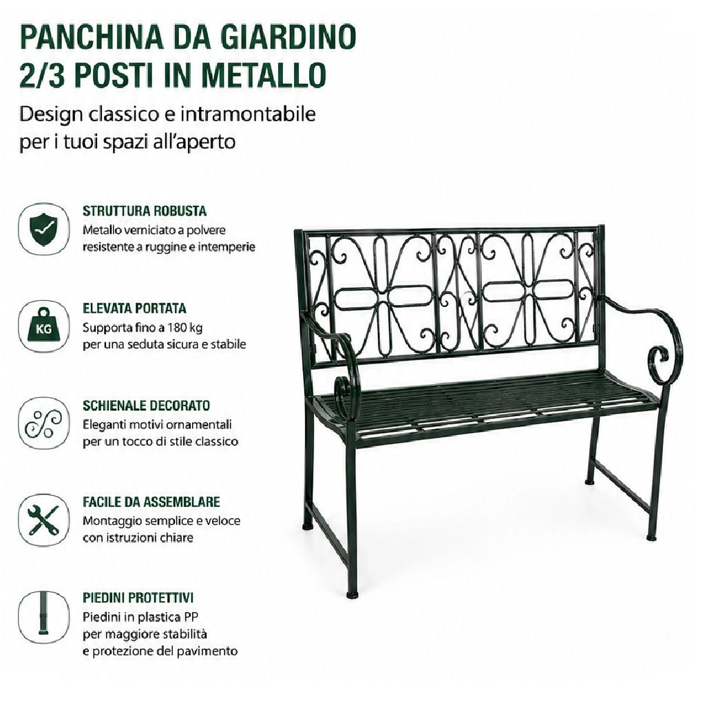 Panchina da Giardino 2/3 Posti in Metallo Verniciato Verde con Schienale Decorato