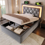 Letto imbottito idraulico con luci LED e porta USB 90x200 cm velluto grigio