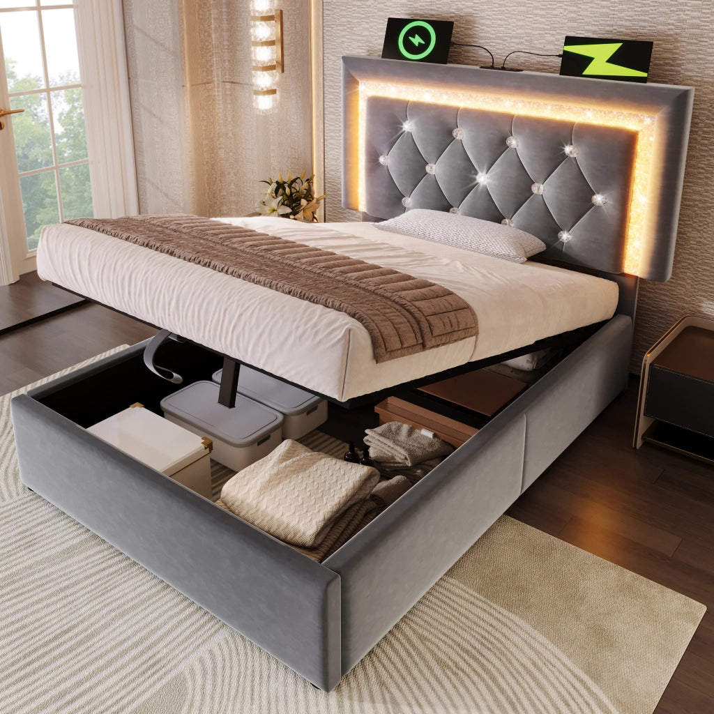 Letto imbottito idraulico con luci LED e porta USB 90x200 cm velluto grigio