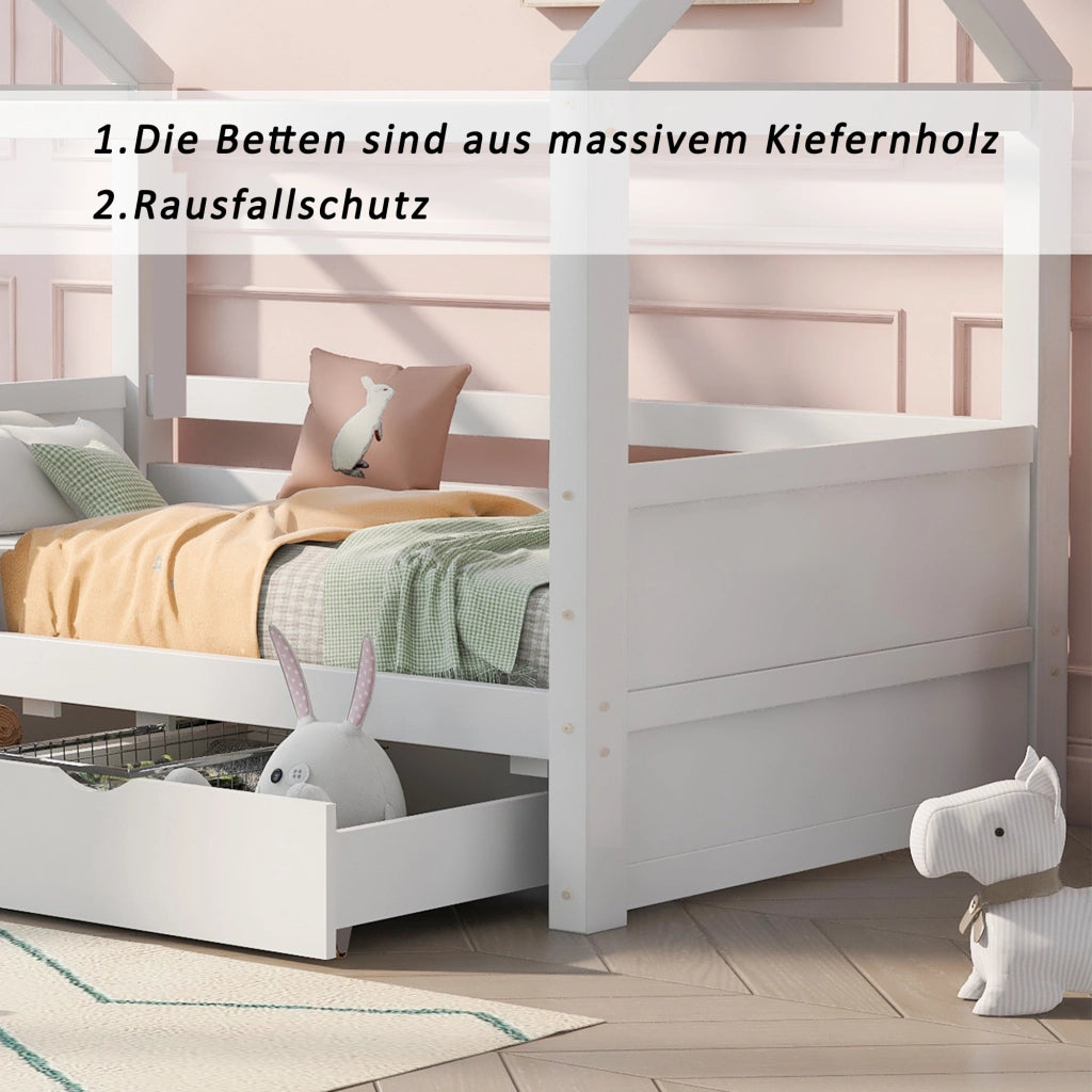 LETTO A CASETTA 90x200 cm Legno massello di pino Bianco con 2 cassetti