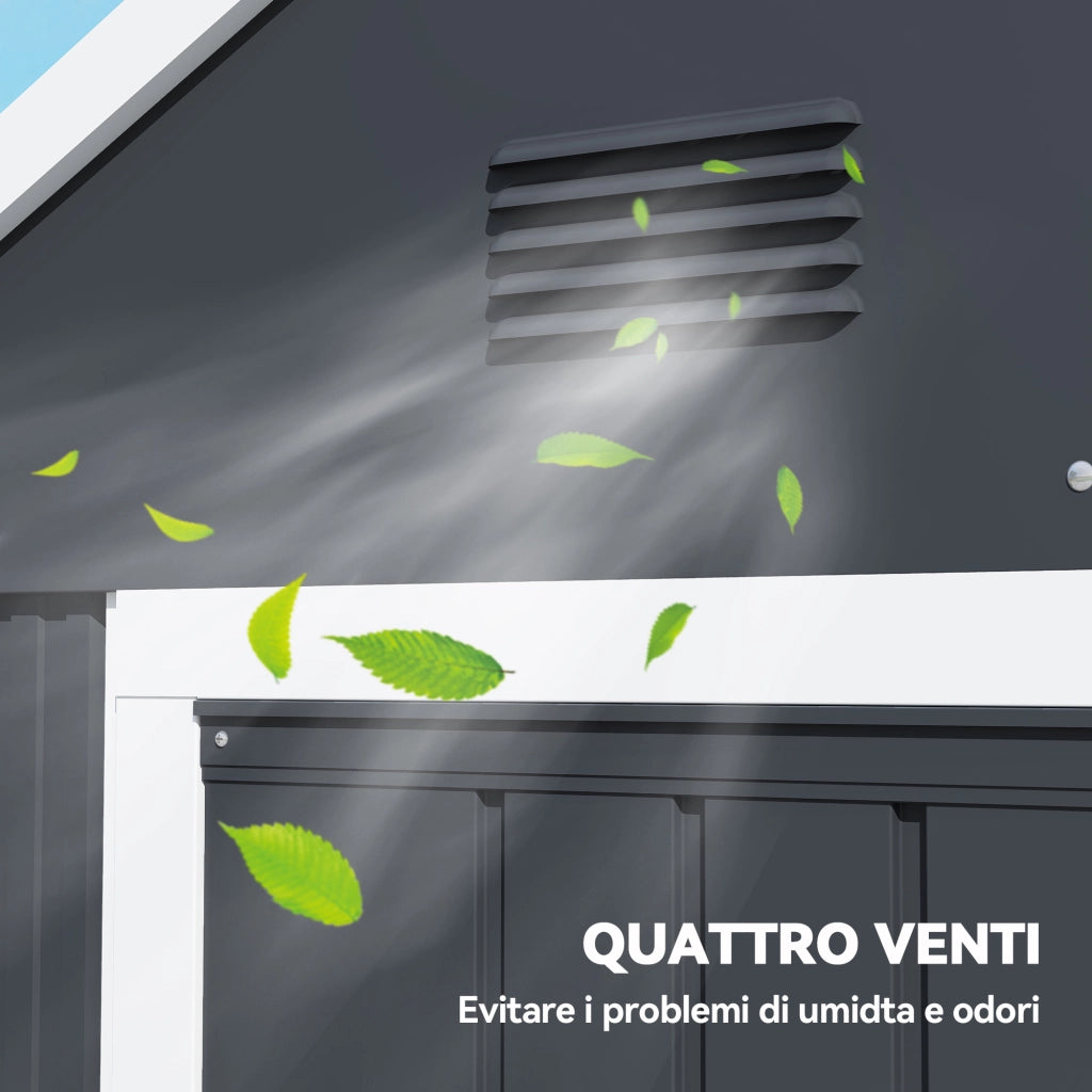 Casetta da Giardino Porta Attrezzi in Acciaio Zincato e PP con Finestra, 259x172x222 cm, Grigia e Bianca