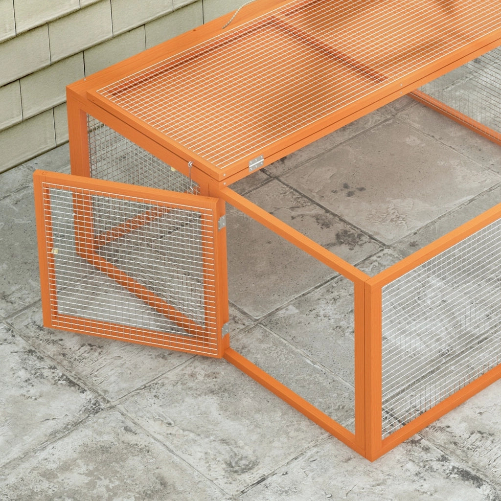 Conigliera da Esterno Pieghevole per 2-3 Roditori con Ingressi Multipli 110x105x50 cm in Legno e Acciaio Arancione