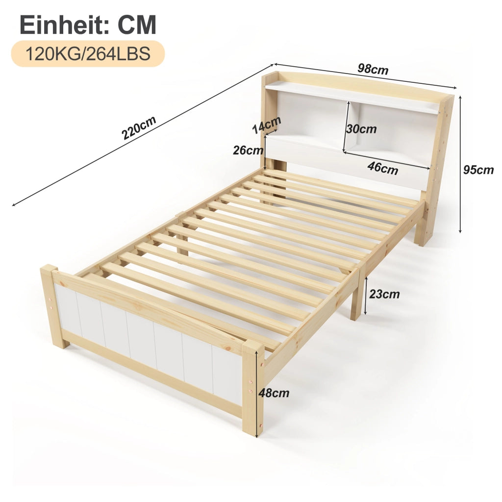 LETTO Singolo 90x200 cm in Legno Massello Bianco/Naturale con materasso incluso