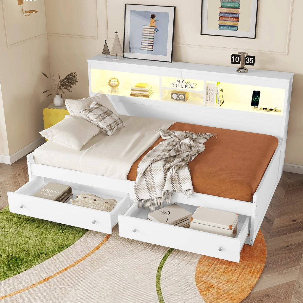 Letto daybed 90x200 cm con LED, USB e 2 cassetti