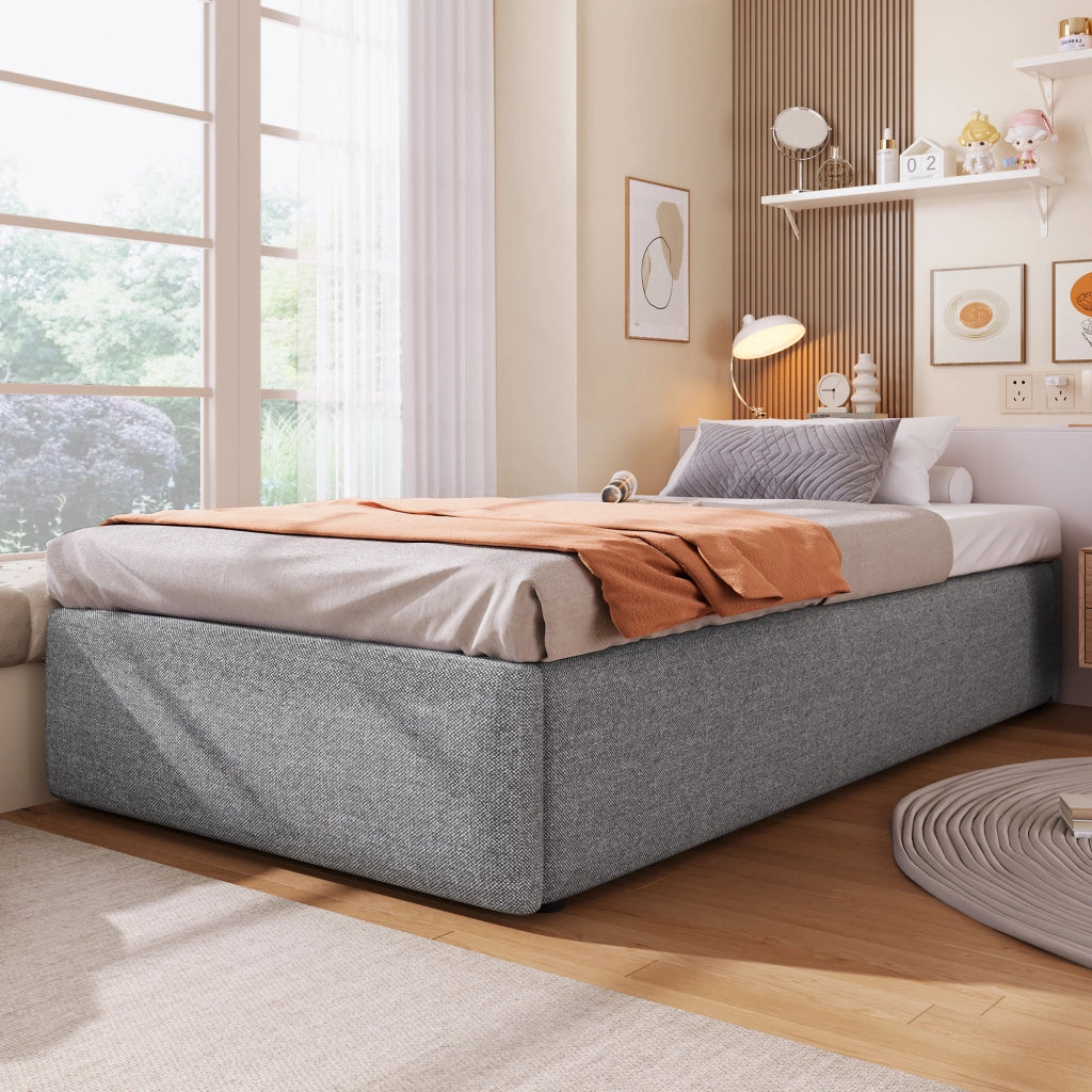 DESMIU Letto imbottito 90 × 200 cm 1 posto con 1 cassetto, contenitore idraulico, senza materasso, tessuto grigio