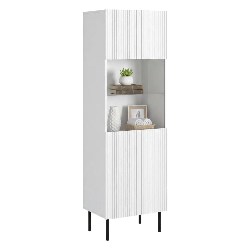 Vetrina Luzzana, Vetrinetta da soggiorno con anta e dettaglio in vetro, Rialzato da terra, 60x42 h183 cm, Bianco
