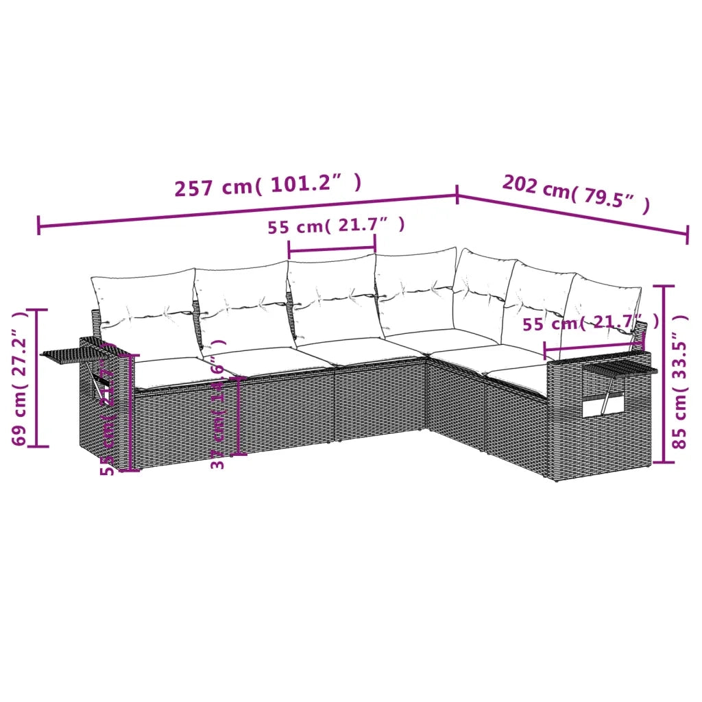 Set Divano da Giardino 6pz con Cuscini Grigio Chiaro Polyrattan