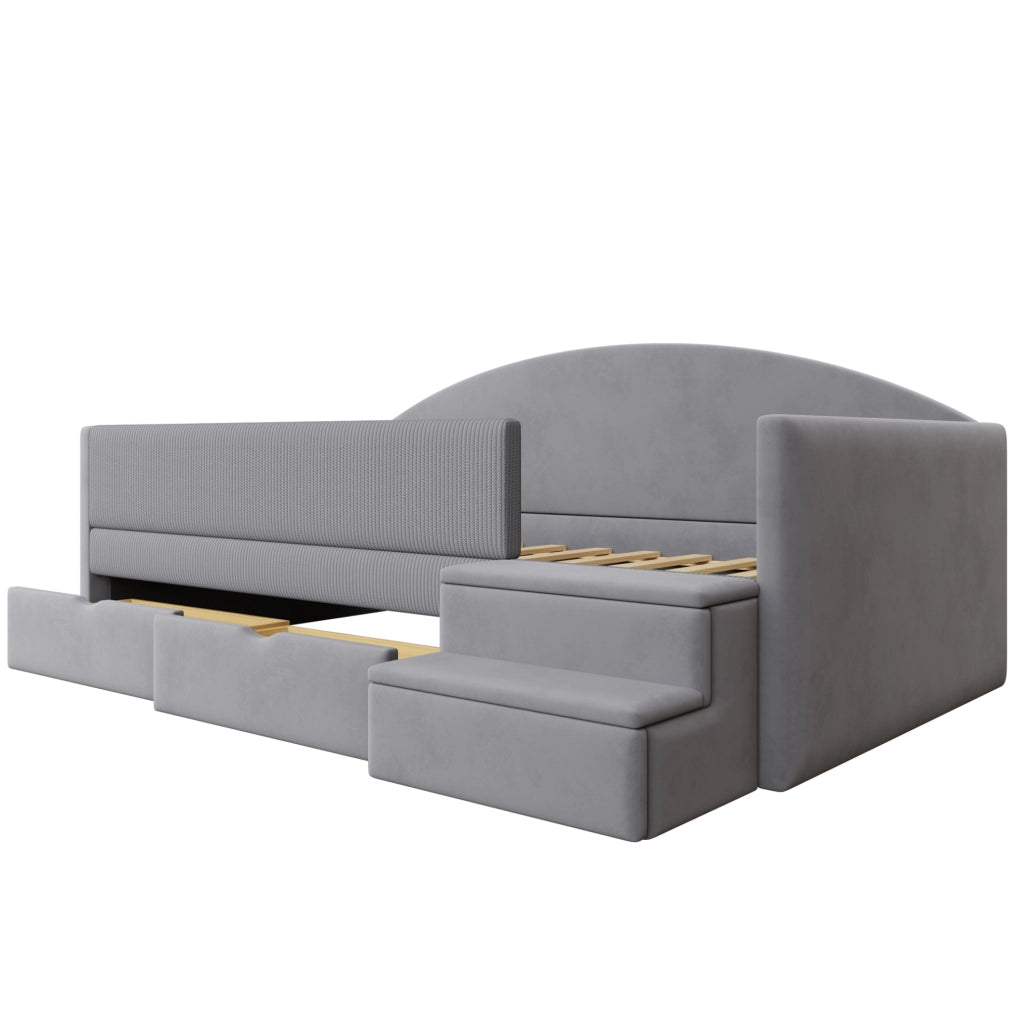 Letto imbottito 90x190 cm con 2 cassetti, sponde protettive e gradini