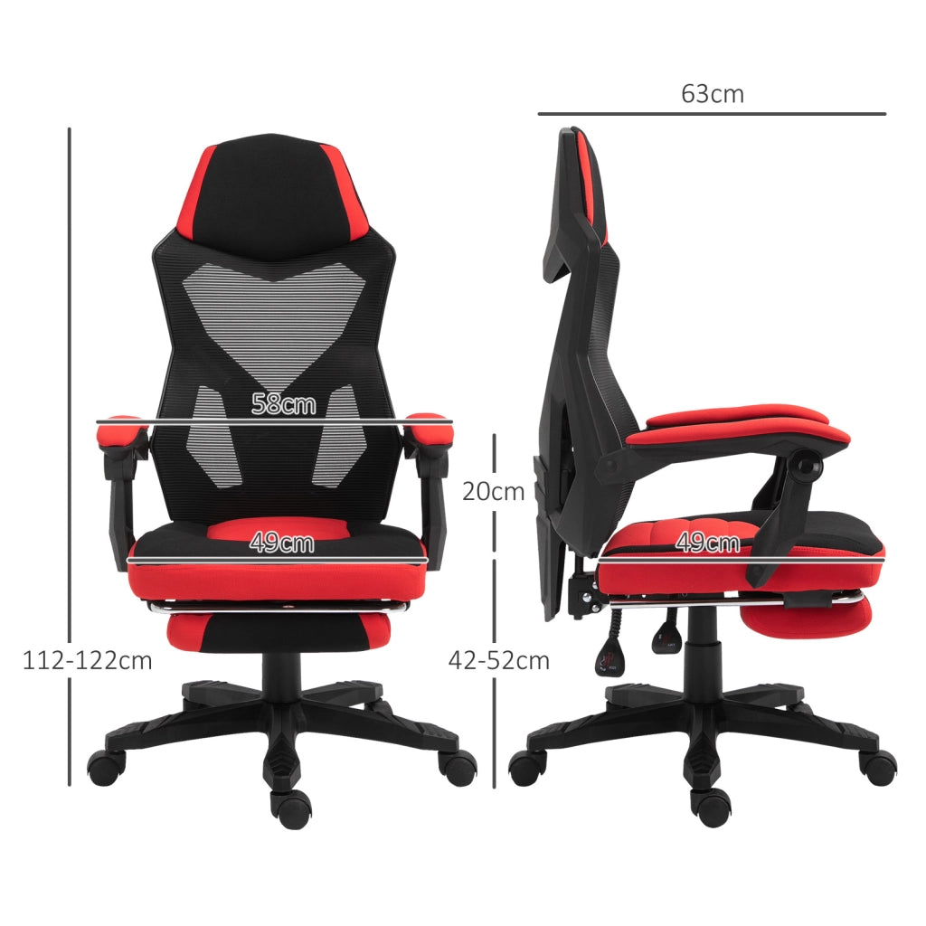 Sedia da gaming, sedia ergonomica da scrivania con poggiapiedi, regolabile in altezza, in poliestere, nero/rosso, 58 x 72 x 112-122 cm, per ufficio e