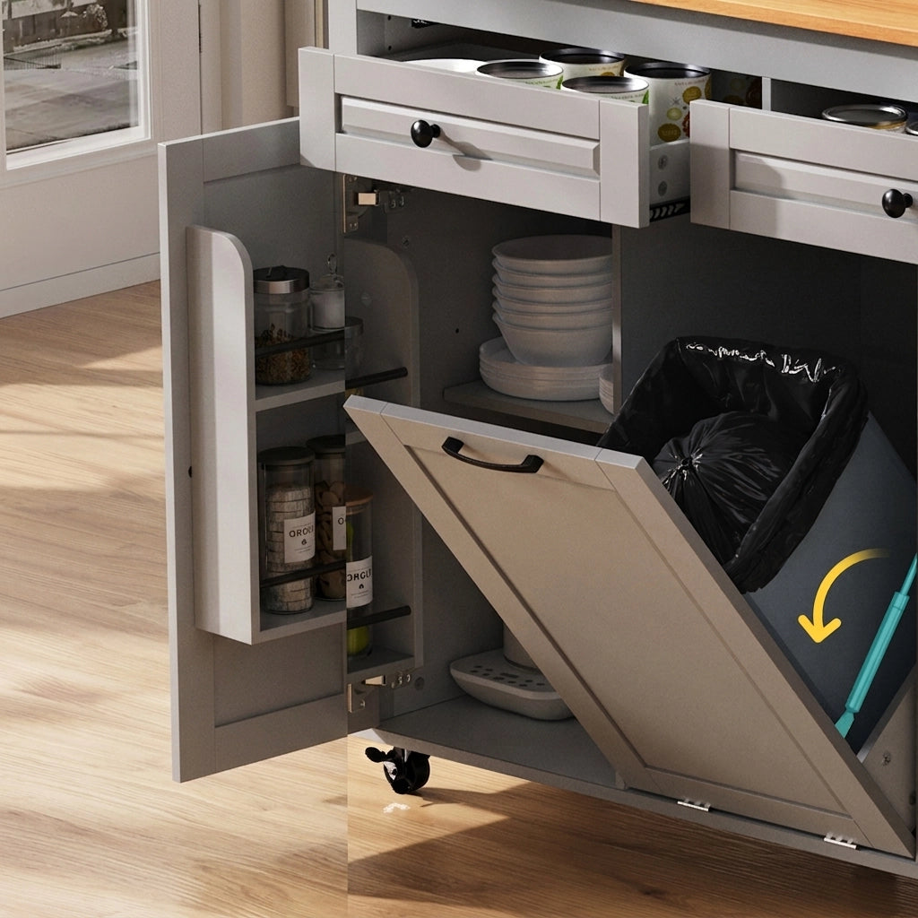 Isola Cucina Mobile con Ruote e Piano Estensibile 120×40-75 cm; Vano Porta Rifiuti; Prese AC/USB-C e Spazio Contenitore Grigio