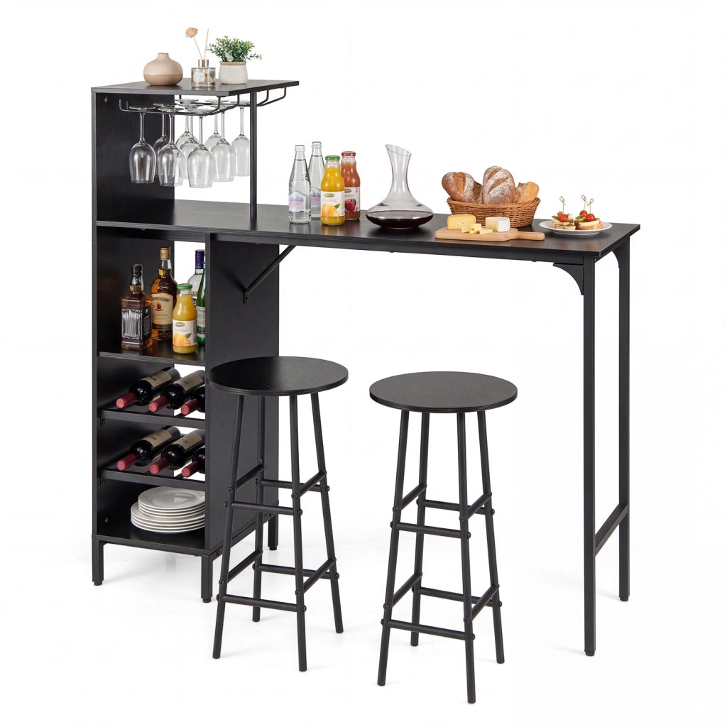 Set di tavolo sedie da bar con porta calici 6 portabottiglie da vino, Tavolo sgabelli da pub industriale Nero