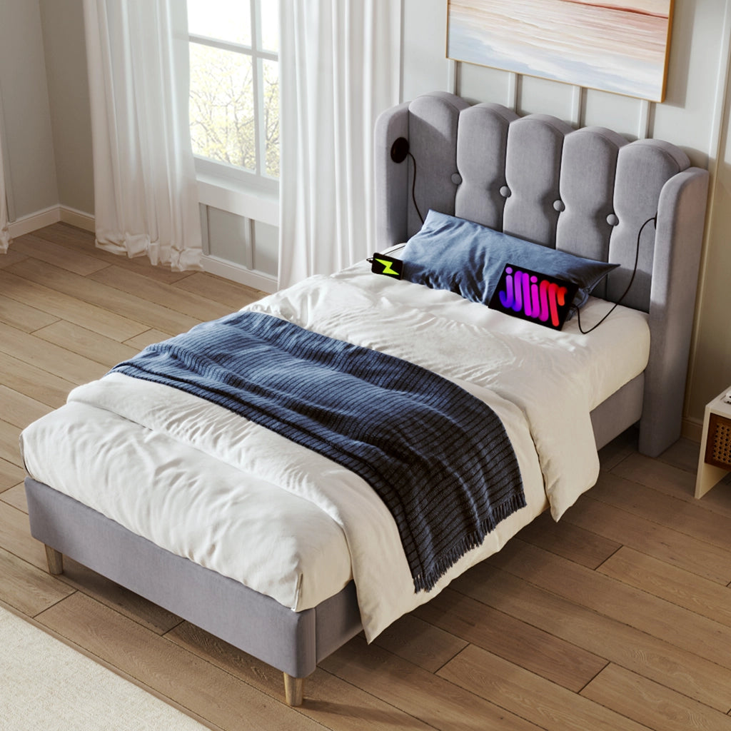 LETTO Imbottito 90x200 cm Grigio in lino con USB e USB-C
