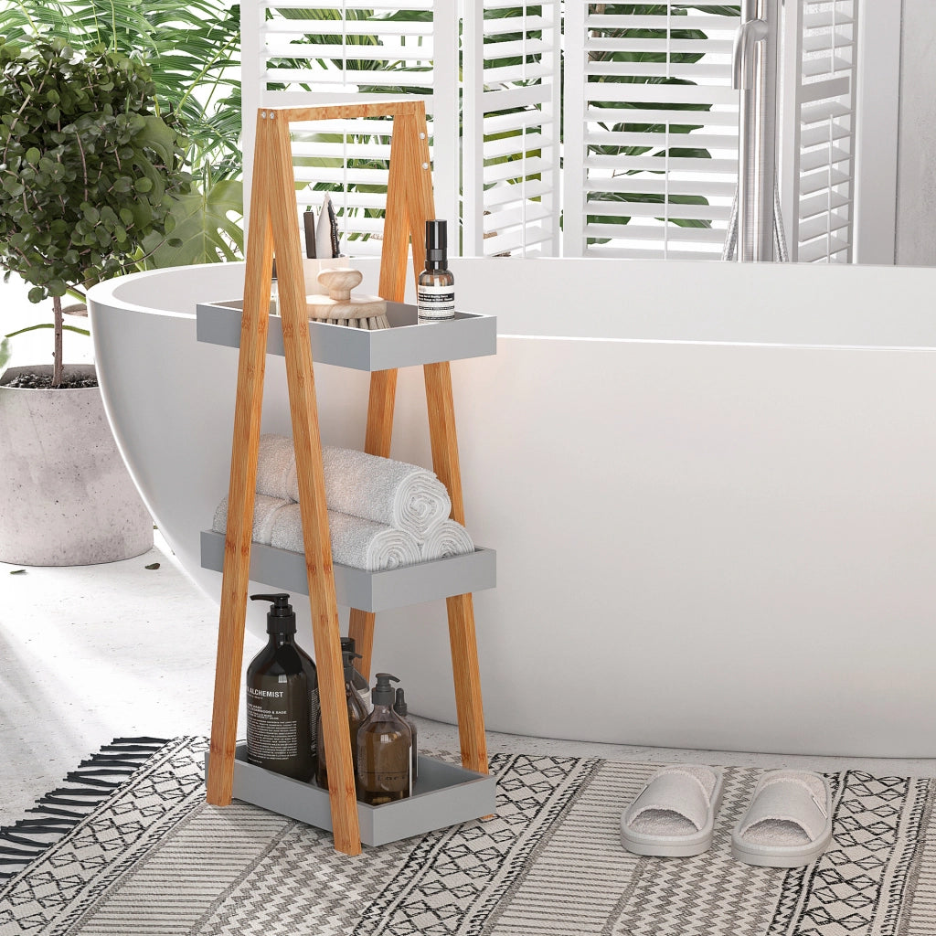 Scaffale Bagno Bamb¨´ 3 Ripiani Forma A ¨C Xylo ¨C Legno Naturale Grigio 30x18x81 cm