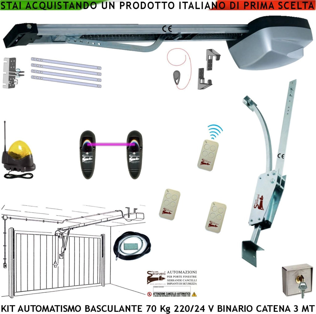 Kit Motore 220/24 V da Soffitto per Cler Basculante 70 Kg Automatica Selettore Binario Alluminio Catena Acciaio 3 Metri Cordino x Sblocco Pattino Archetto 3 Radiocomandi Faro Antenna Luce di Cortesia
