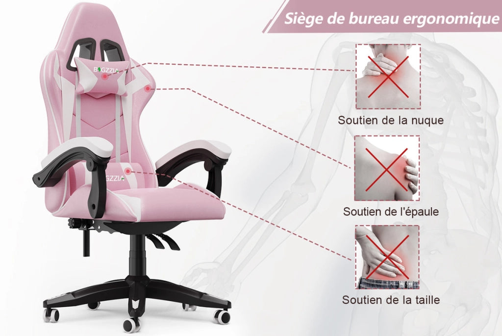 Sedia da gioco,  Sedia da gioco ergonomica, altezza regolabile, schienale reclinabile, con braccioli e poggiatesta, rosa e bianco