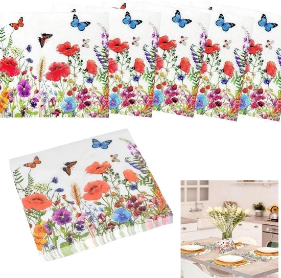 Serviette in Papier 20 Stuks - Dimensione 33 x 33 cm - Disegni Colorati - Fiori/Farfalle - Serviette per Festa - Ideali per Compleanni/Barbecue