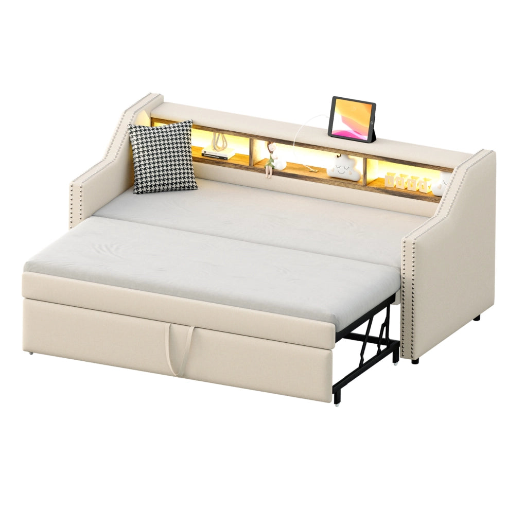 Divano letto estraibile imbottito 90/180x190 cm con USB, LED e vani laterali
