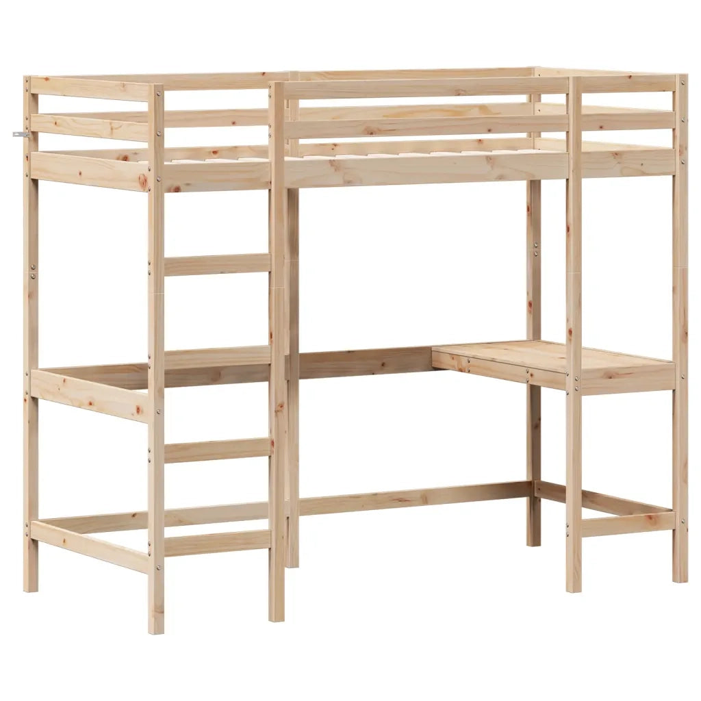 Letto singolo | Letto per adulti | Letto Soppalco con Scrivania 90x200 cm Legno Massello Pino