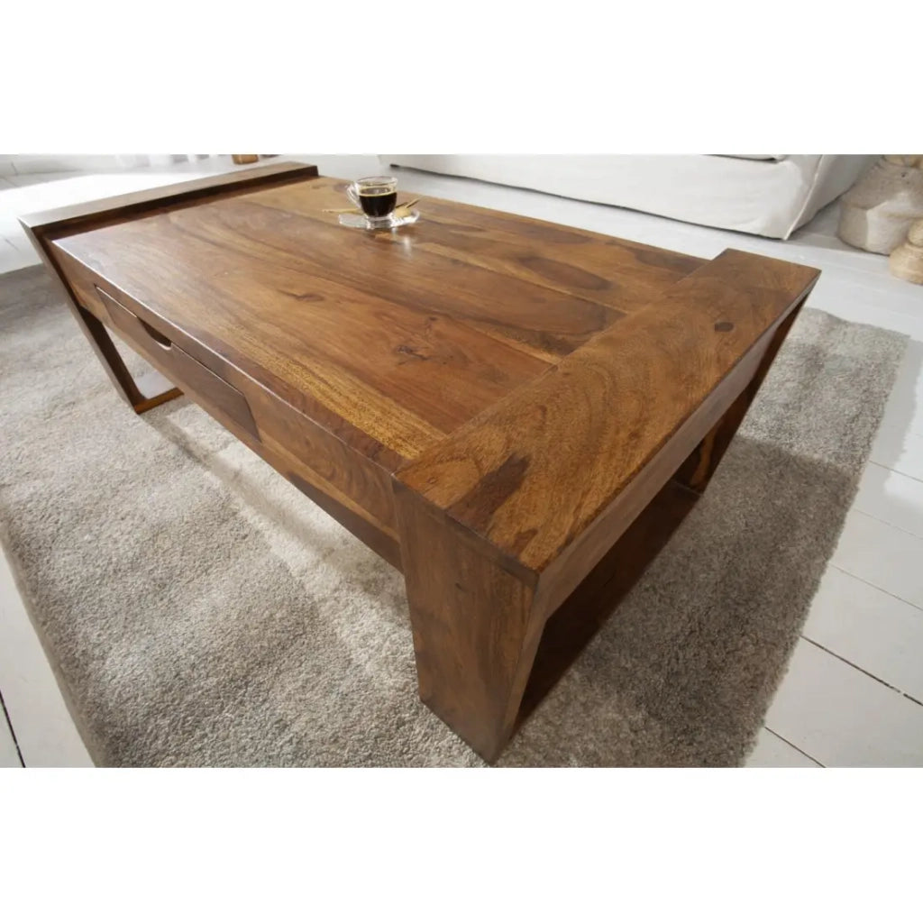Tavolino basso MOKARA 100 cm in legno massiccio di sheesham con cassetto stile contemporaneo
