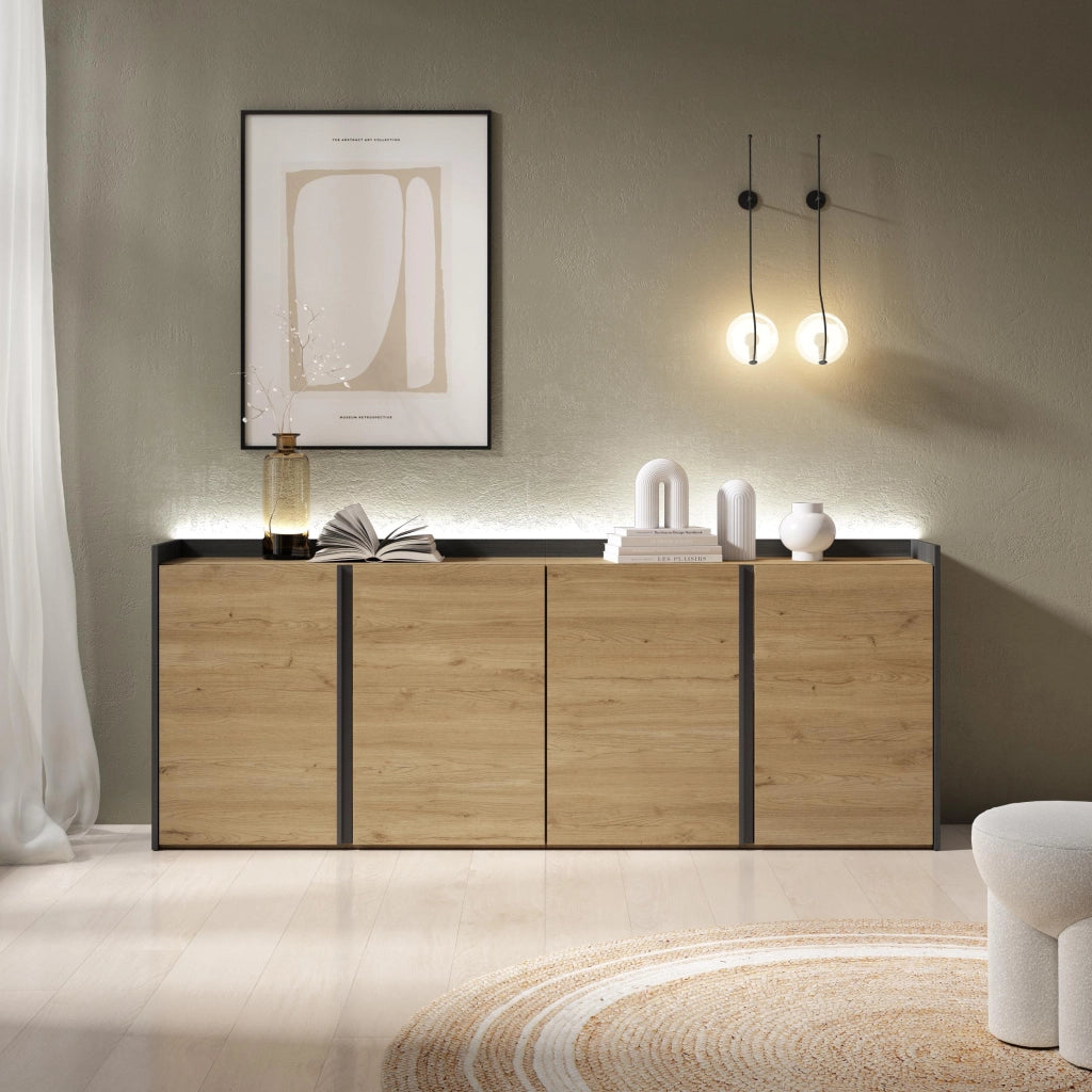 Credenza, Mobile, Cucina, 207x80x35 cm, 4 Porte, LED, Rovere e nero