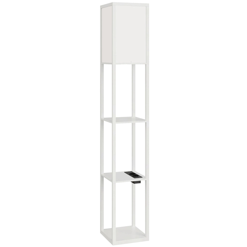 Lampada da Terra 26x26x160 cm Struttura con Ripiani Luce Regolabile Interruttore a Pedale e Porte USB in MDF Bianco