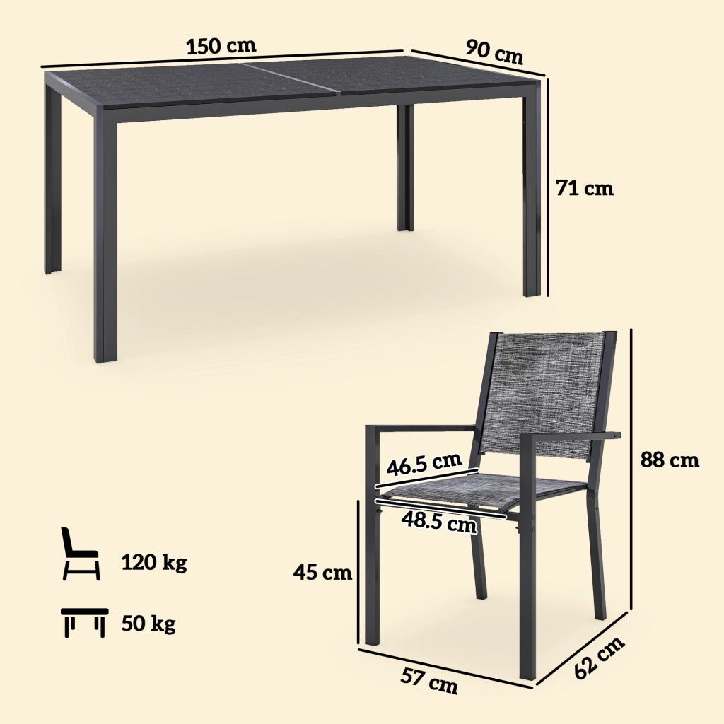 Set da Giardino 7 Pezzi con Tavolo Rettangolare e 6 Sedie Impilabili Traspiranti in Acciaio Grigio e Nero