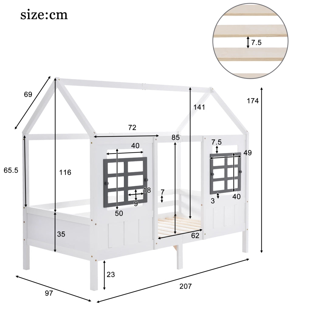Letto Casetta 200x90 cm; Letto Singolo - 2 Finestre e Sponde - in Legno Massello - Bianco
