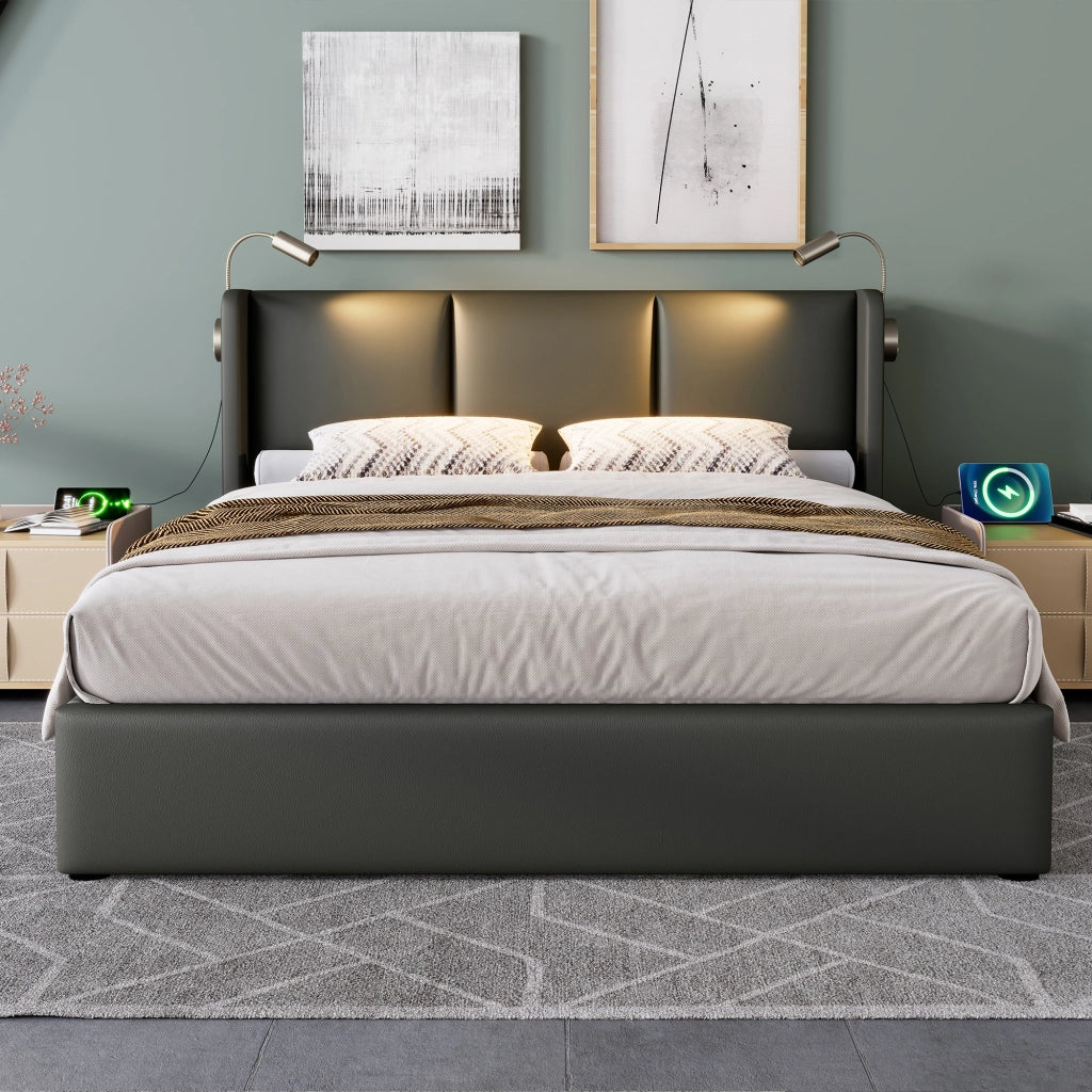 Letto Contenitore 160x200 cm con Luce da Lettura e Ricarica USB; in PU; Grigio