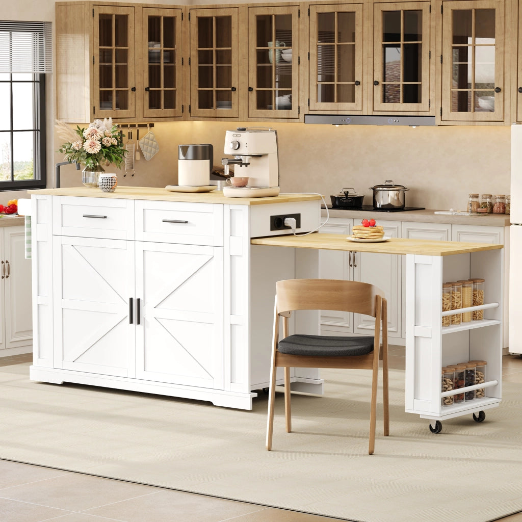Carrello da cucina con 2 cassetti; doppia anta; ripiano regolabile; prese e porta asciugamani; in MDF; bianco e rovere
