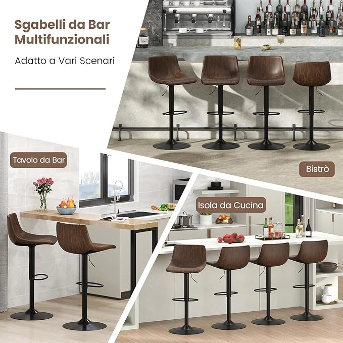 Set di 2 Sgabelli da Bar Moderno, Regolabile e Girevole a 360°, Sgabelli da Cucina con Schienale e Poggiapiedi, Sgabello Struttura in Metallo Stile Vintage da Casa, Marrone Rustico
