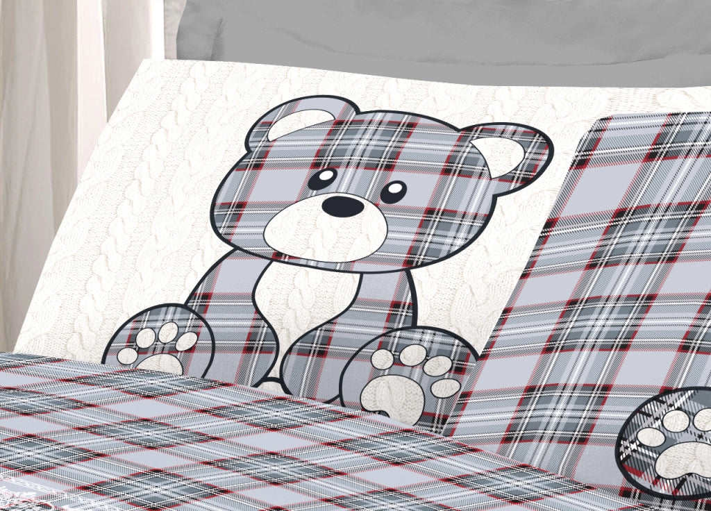 Completo Lenzuola Linea Pensieri Delicati 100% Cotone Disegno Orsetto Tartan - Piazza E Mezza - Grigio